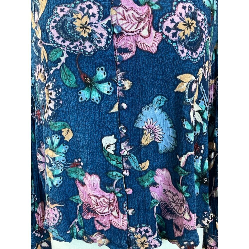Vintage America Blues Floral Button-Up Blouse Tie Sleeves Vibrant Blues Pinks LG - Picture 4 of 10